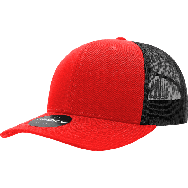 A red and black structured trucker cap featuring a mesh back and a logo on the brim.