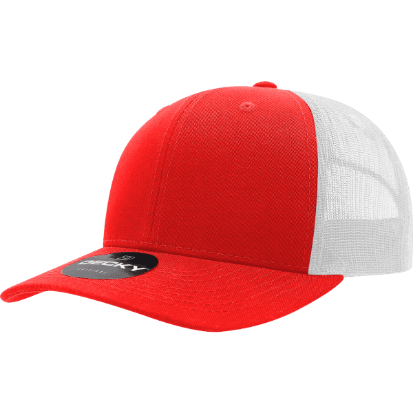 A red and white 6-panel mid pro cotton/poly blend trucker hat with a branding logo on the front.