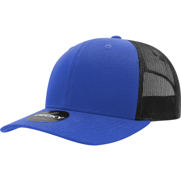 A blue trucker cap with a black mesh back and a circular logo on the front.