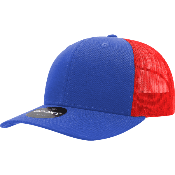 A blue and red structured trucker cap with a mesh back and a logo.