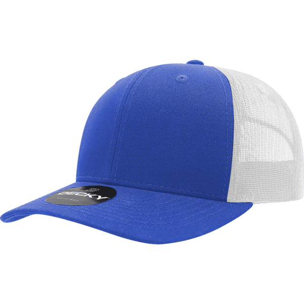 A blue and white trucker cap made of a cotton/poly blend, featuring a logo on the front.