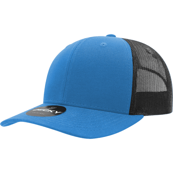 A blue trucker cap with a black mesh back and a branded tag on the front.