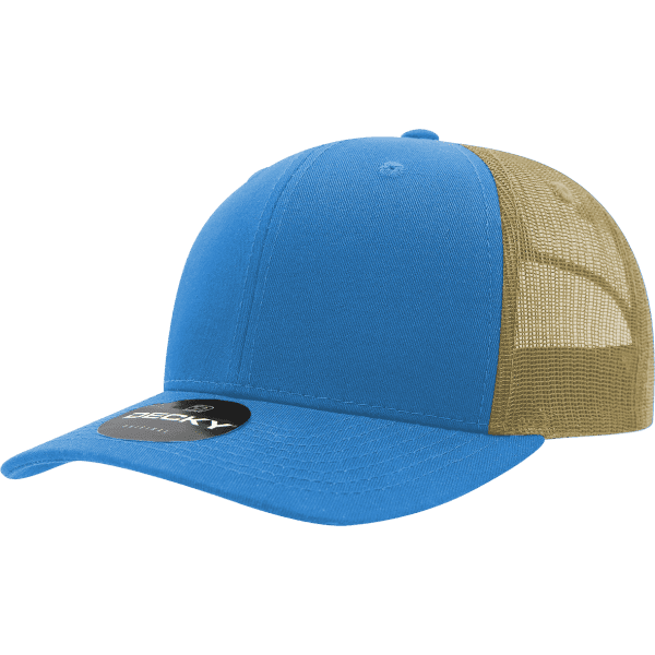 A blue and khaki trucker cap featuring a structured 6-panel design and a logo.