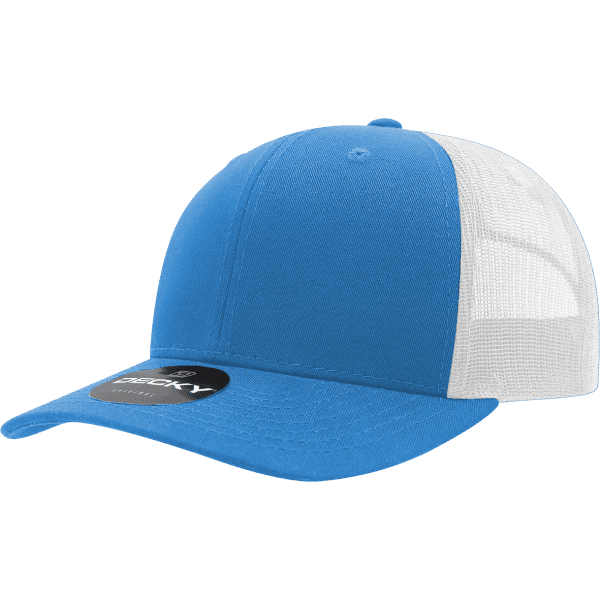 A blue and white 6-panel trucker cap with a mesh back and a logo on the front.
