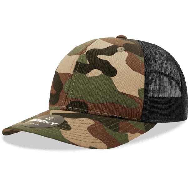 A camo-patterned trucker cap in shades of green and brown, featuring a mesh back and a curved brim.