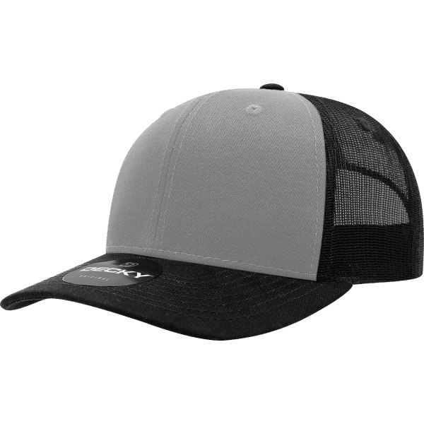 A grey and black trucker cap featuring a mesh back and a logo on the front.