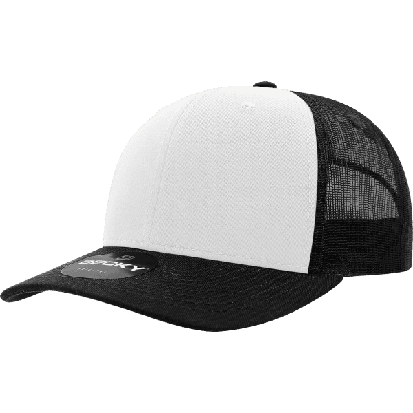 A black and white 6 panel mid pro cotton/poly blend trucker hat with a mesh back and a curved peak.