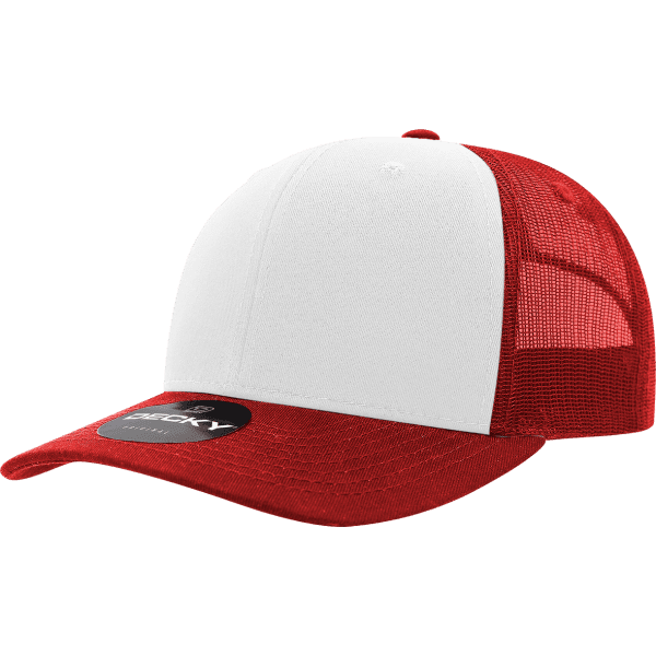 A red and white six-panel trucker cap with a mesh back, featuring a logo on the front.