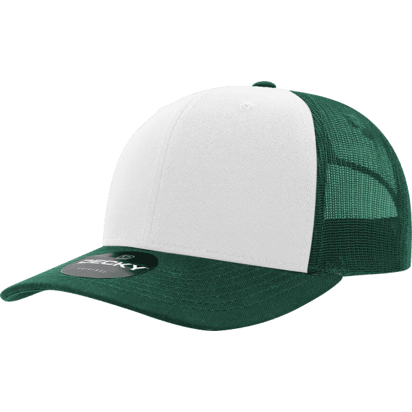 A green and white 6-panel cotton/poly blend trucker hat with a mesh back and a logo.