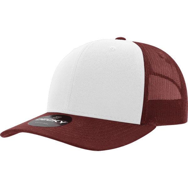A red and white trucker cap with a solid front and mesh sides, featuring a logo on the brim.