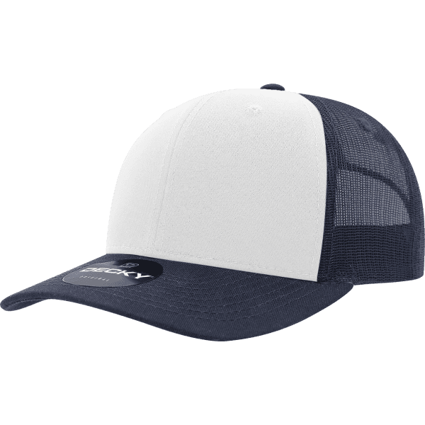 A navy and white 6-panel mid-profile trucker cap with a logo on the front and mesh panels at the back.