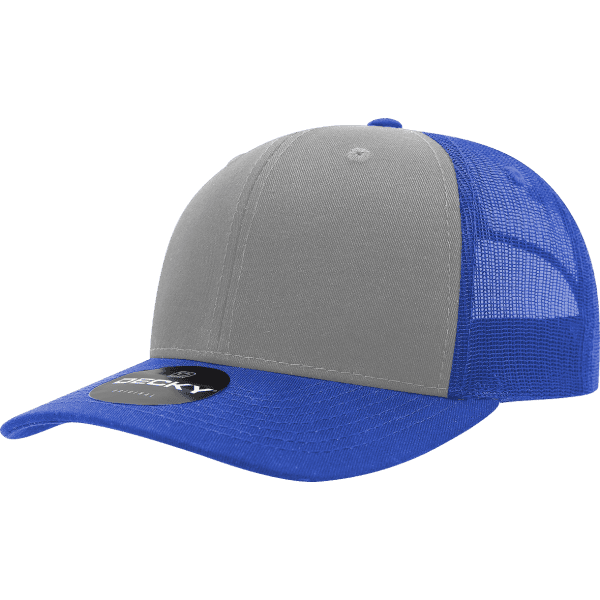 A grey and blue trucker cap with a mesh back and a branded logo on the front.