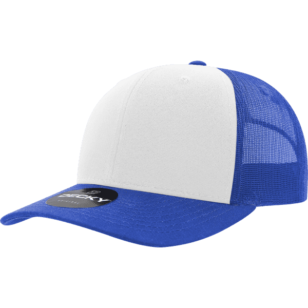 A blue and white six-panel mid-profile trucker cap with a mesh back and a branded label.