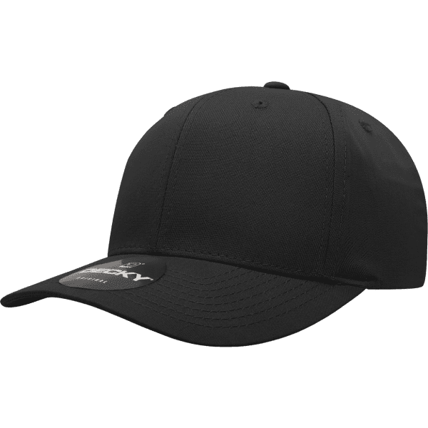 A black 6 panel mid profile structured cap with a curved brim and a logo on the side.