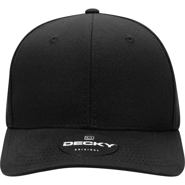 A black structured cap with a mid-profile and a logo on the front.