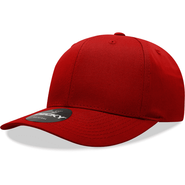 A red 6 panel mid-pro cap made from a cotton/poly blend, featuring a logo on the front.
