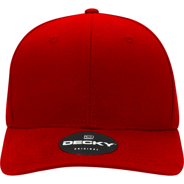 A red six-panel mid-profile structured cap with a branded logo on the front.