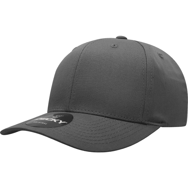 A grey 6 Panel Mid Pro Cotton/Poly Blend Cap with a curved brim and a logo on the front.
