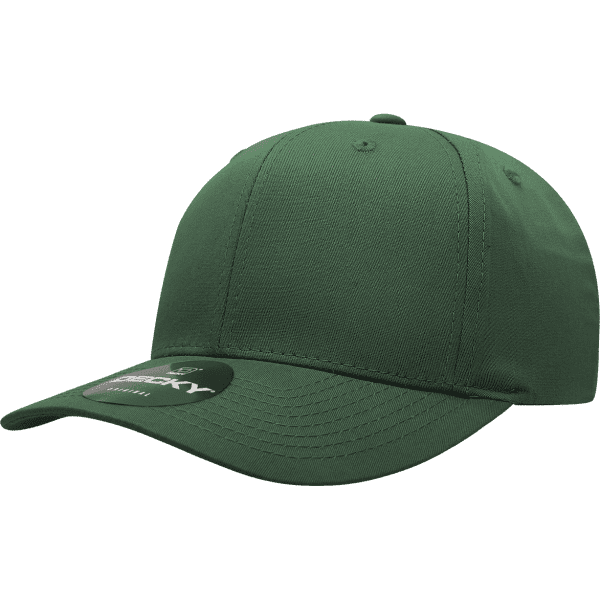 A green 6 panel mid pro cotton/poly blend cap featuring a logo on the front.