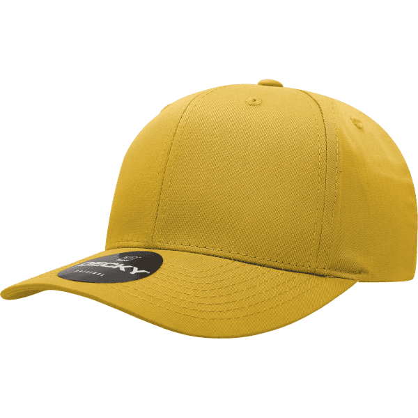 A yellow 6-panel mid pro cap made from a cotton/poly blend with a logo on the front.