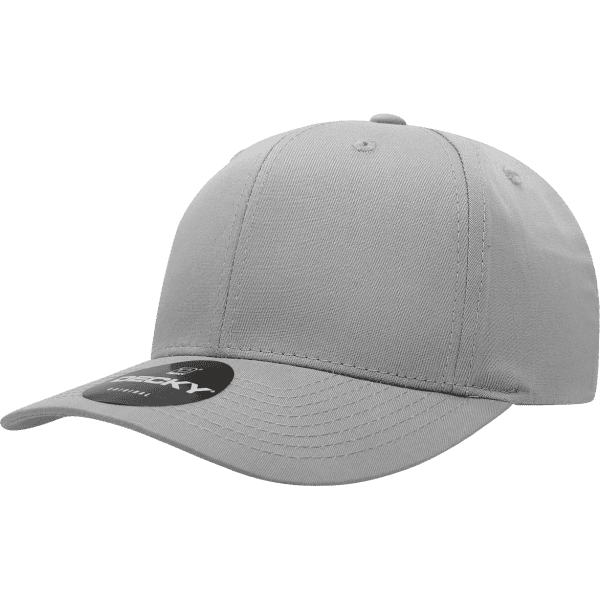 A grey six-panel cap with a curved brim and a branding logo on the front.