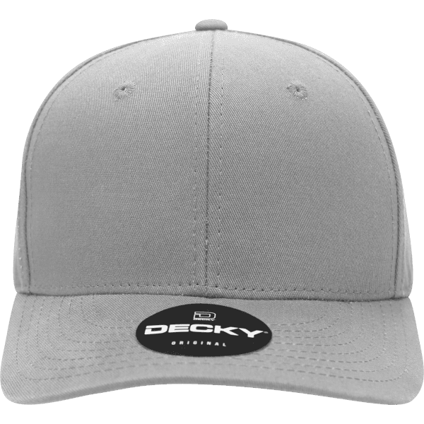 A grey 6 panel mid profile structured cap featuring a logo on the front.