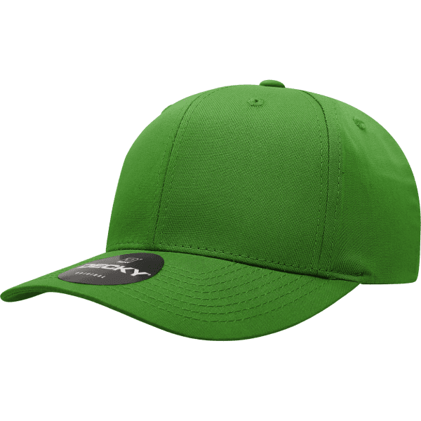 A bright green 6 panel mid pro cap made from a cotton/poly blend, featuring a logo on the front.