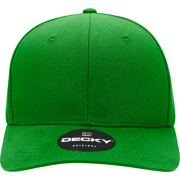A bright green 6-panel mid-profile structured cap with a branding label on the front.