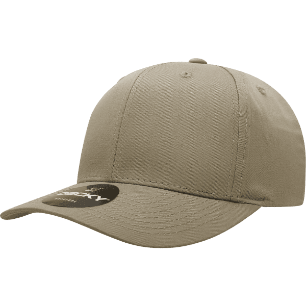 A beige 6-panel cap with a curved brim and a logo on the front. Made from a cotton/poly blend.