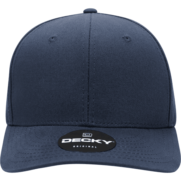 A navy blue 6 panel mid-profile structured cap with a branded logo on the front.