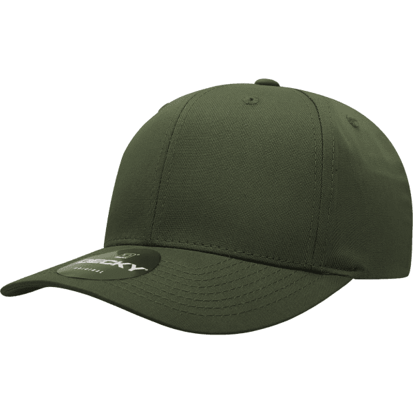 An olive green 6-panel mid pro cap made from a cotton/poly blend, featuring a logo on the front.