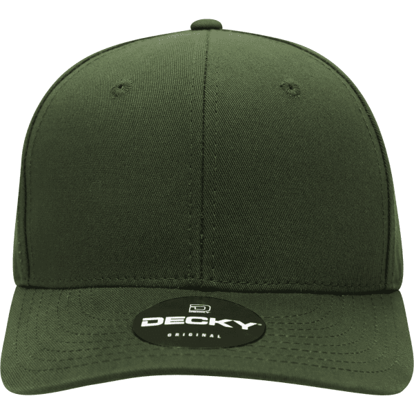 A structured mid-profile cap in olive green with a curved brim and a logo on the front.