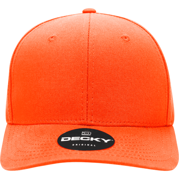 An orange 6 panel mid-profile structured cap with a logo on the front.