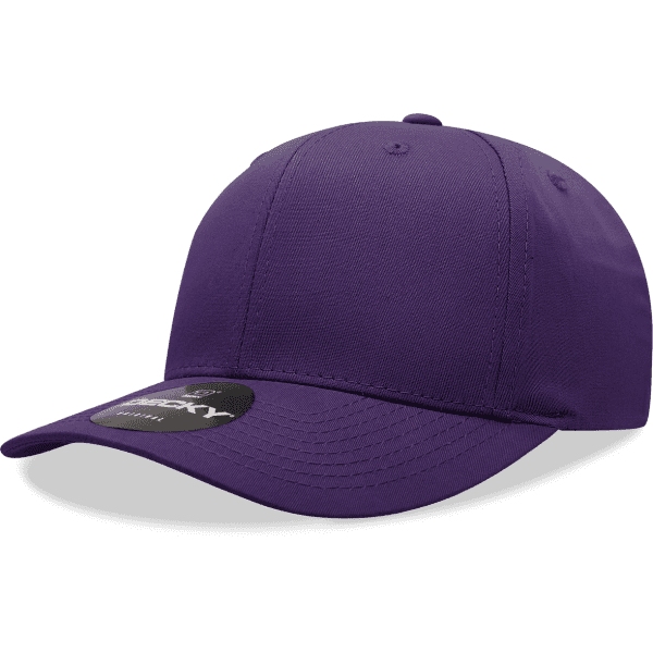 A purple 6 panel mid pro cotton/poly blend cap with a branded logo on the front.