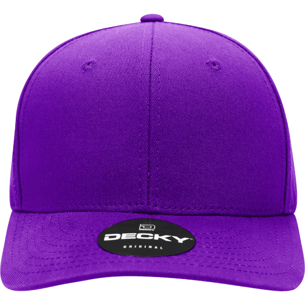 A purple 6 panel mid profile structured cap with a logo on the front. The cap features a flat brim and detailed stitching.