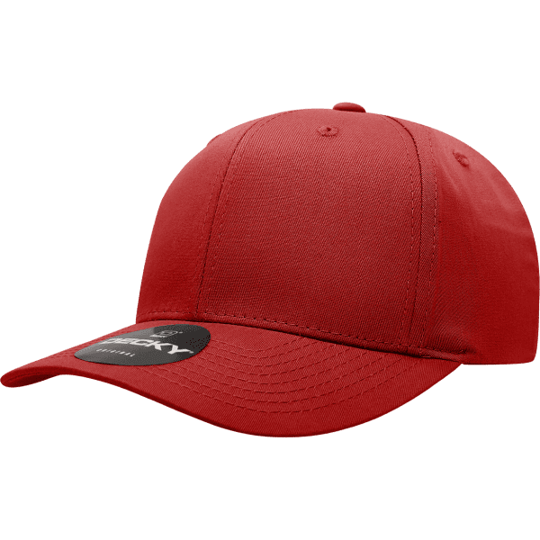 A red six-panel cap with a curved brim and a logo on the front, made from a cotton/poly blend.