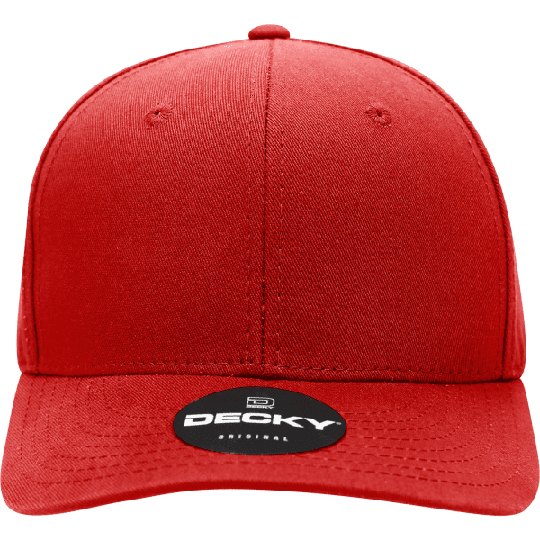 A red 6-panel mid-profile structured cap with a logo on the front.