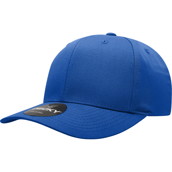 A blue 6 panel mid pro cotton/poly blend cap with an adjustable strap and branding on the front.