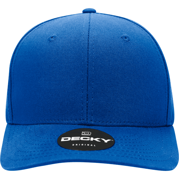 A blue 6-panel mid profile structured cap featuring a logo.