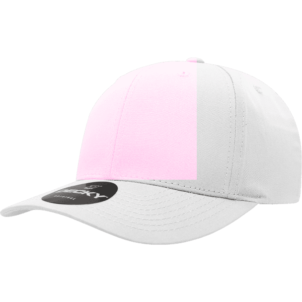 A white cotton/poly blend cap with a curved brim and an adjustable strap, featuring a logo on the front.
