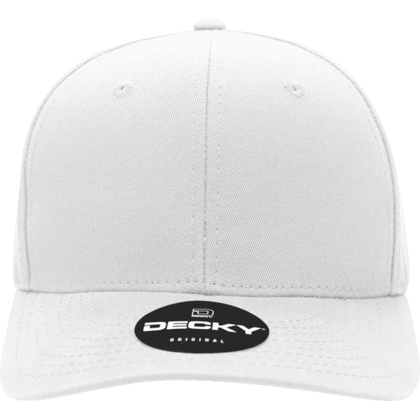 A white structured cap with a mid-profile design and a logo on the front.