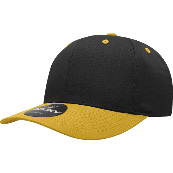 A black and yellow 6-panel mid pro cotton/poly blend cap with a logo on the front.