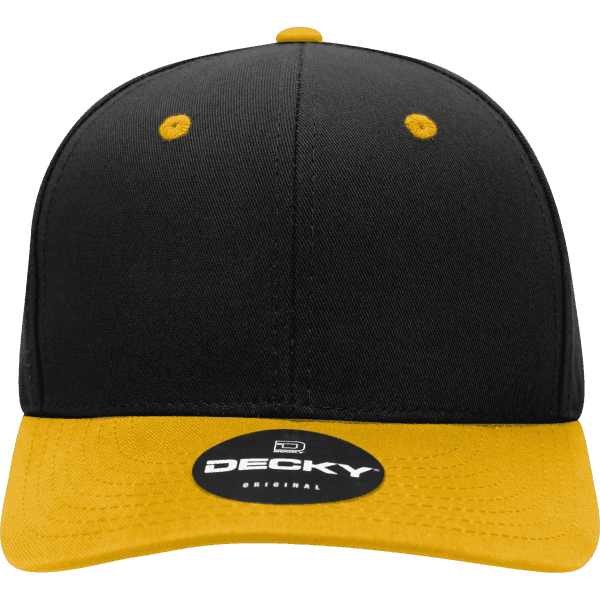 A black and yellow 6 panel mid profile structured cap with a logo on the front.