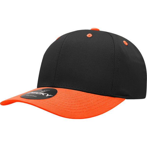 A black and orange six-panel cap with a curved brim and a logo on the front.