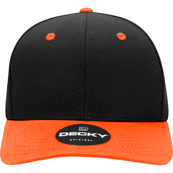 A black and orange structured cap with a mid-profile design and a branded logo on the front underside.