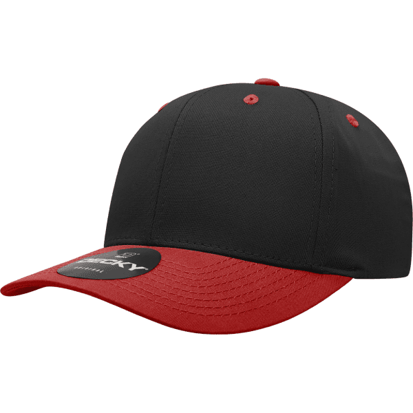 A black and red 6-panel mid pro cotton/poly blend cap with a logo on the front.