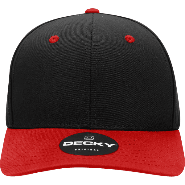 A structured black cap with a red brim and red accents, featuring a logo on the front.