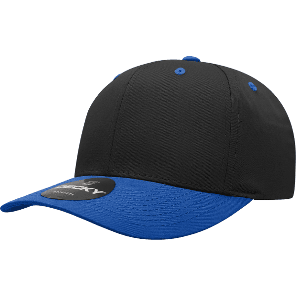 A black and blue six-panel cap made from a cotton/poly blend, featuring a logo on the front.