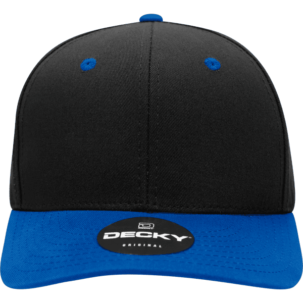 A structured cap featuring a black fabric body and a blue brim, with a logo on the front.