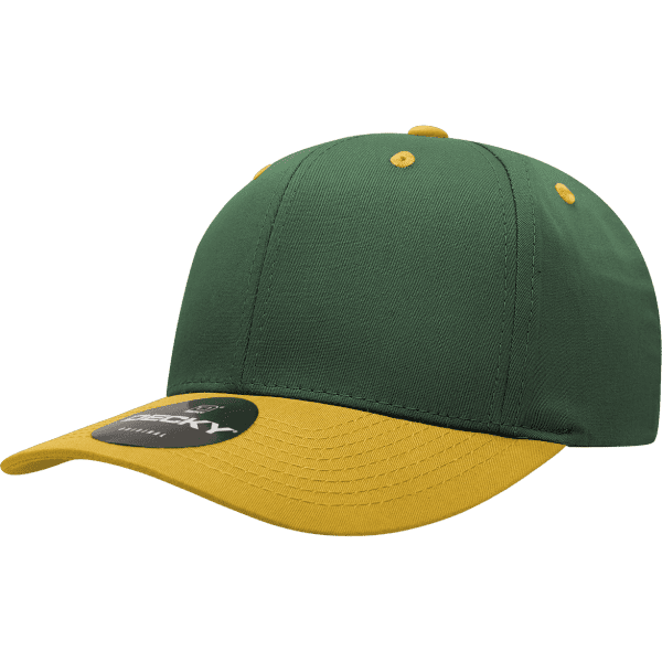 A green and yellow 6 panel mid pro cap with a logo on the front and a curved brim.